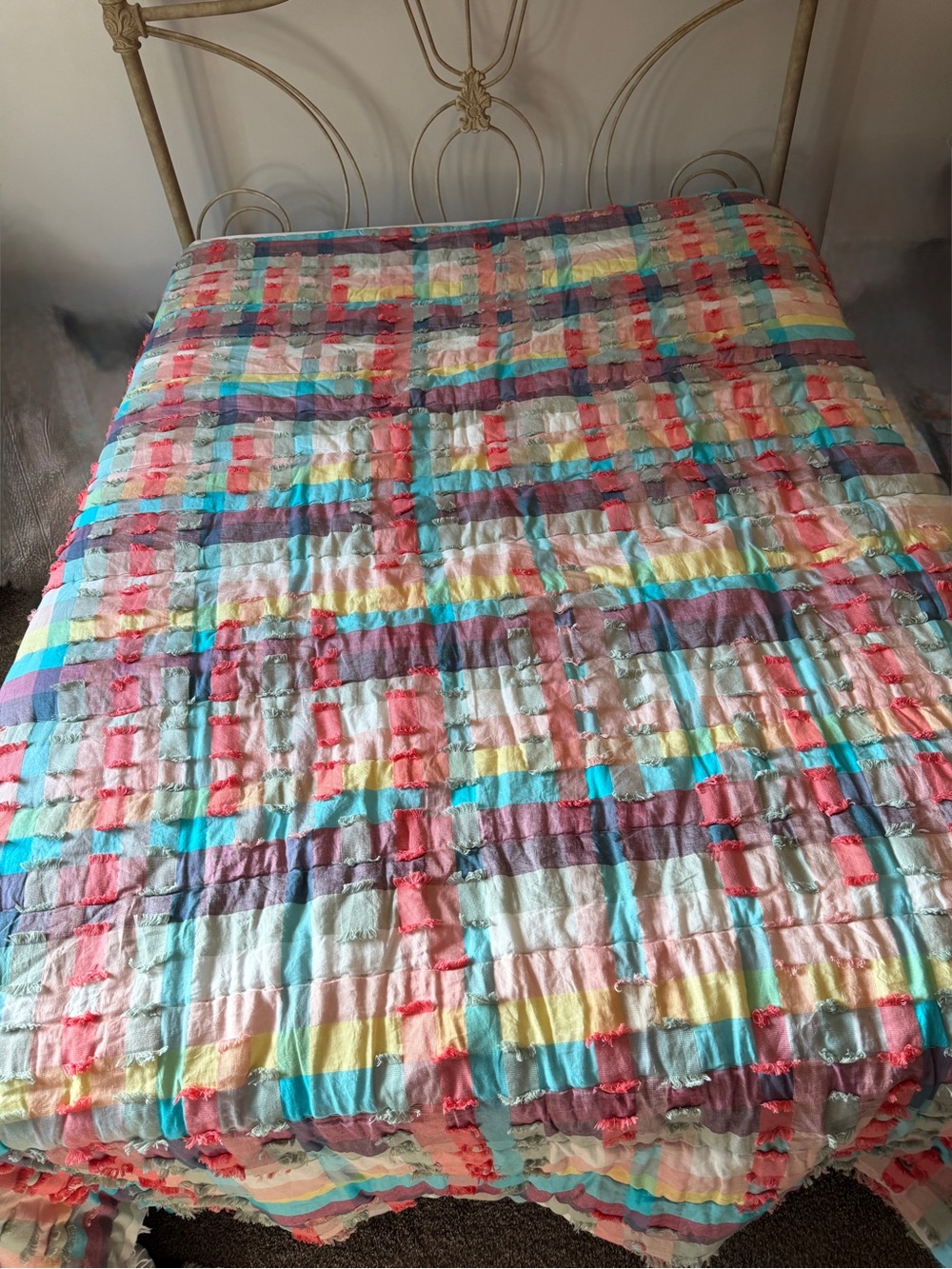 Anthropologie King Quilt Pastel Plaid Tufted Clipped Fringe Cotton Linen pink